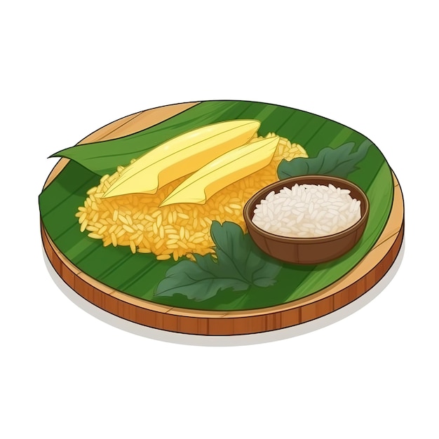 Żółty talerz mango i ryżu z miską kokosa.