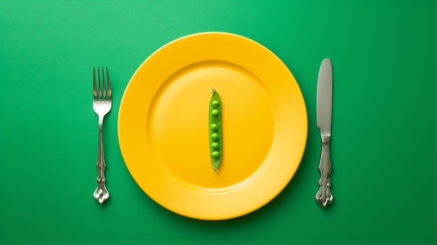 Żółty talerz z tylko zielonym groszkiem z widelcem i nożem po obu stronach zielone tło Generative Ai