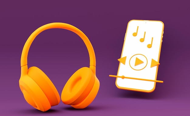 Żółty telefon ze słuchawkami do słuchania muzyki na fioletowym tle renderowania 3d
