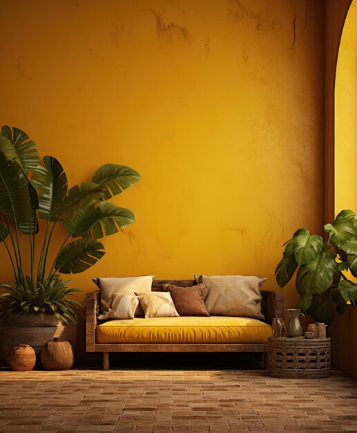 Zdjęcie Żółty wnętrze z kanapą, tropikalnymi roślinami i dekoracją