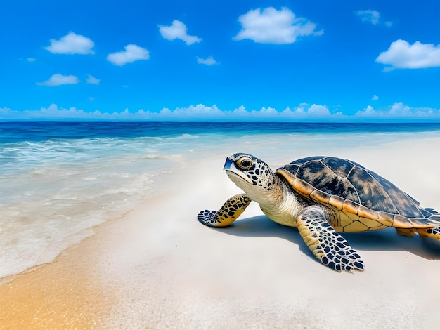 Zdjęcie Żółw chodzi po plaży z białym piaskiem i jasnym niebieskim niebem.