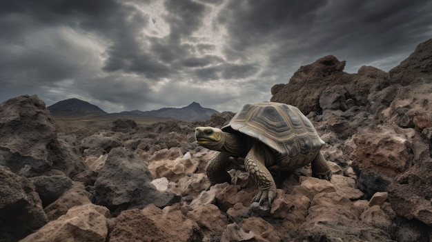Żółw Galapagos przemierzający wulkaniczny krajobraz na każdym kroku rozbrzmiewa stuleciami istnienia