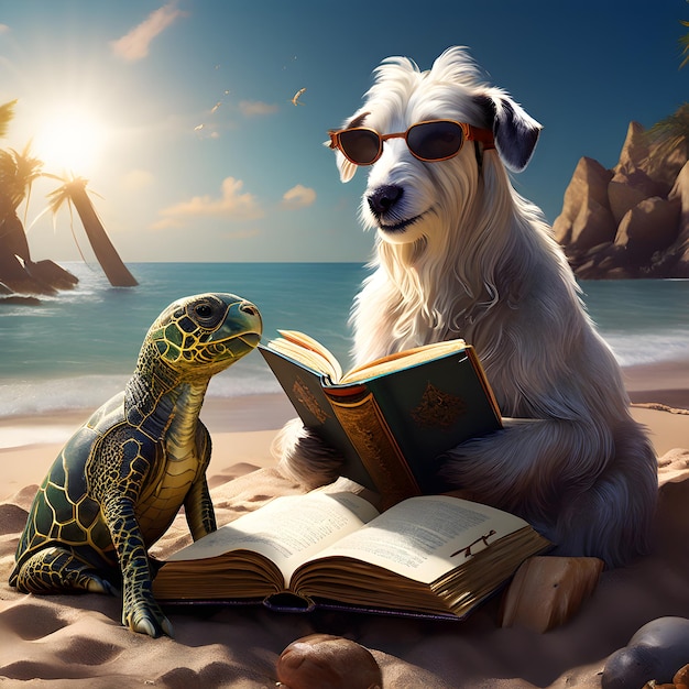 Żółw i żółw są na plaży i czytają książkę.