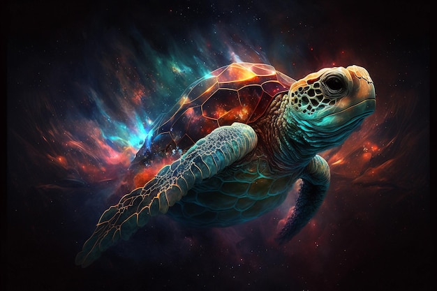 Żółw leci w kosmosie i ma kolorowy wzór na twarzy.