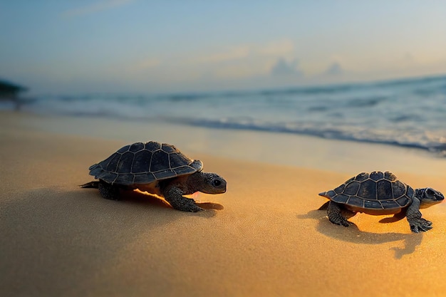 Zdjęcie Żółw morski czołgający się wzdłuż wybrzeża do wody oceanicznej w promieniach świtu