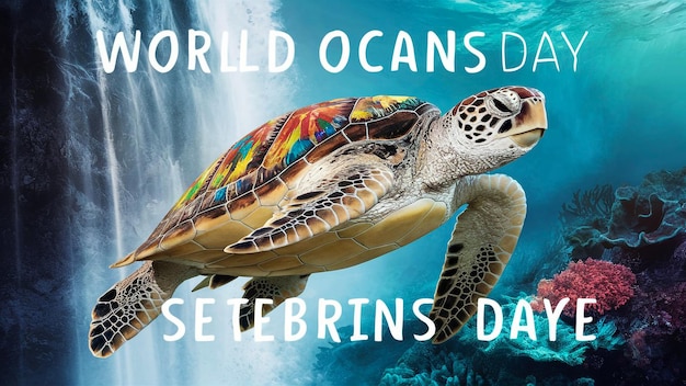 Zdjęcie Żółw morski jest na plakatie z napisem światowy dzień morza