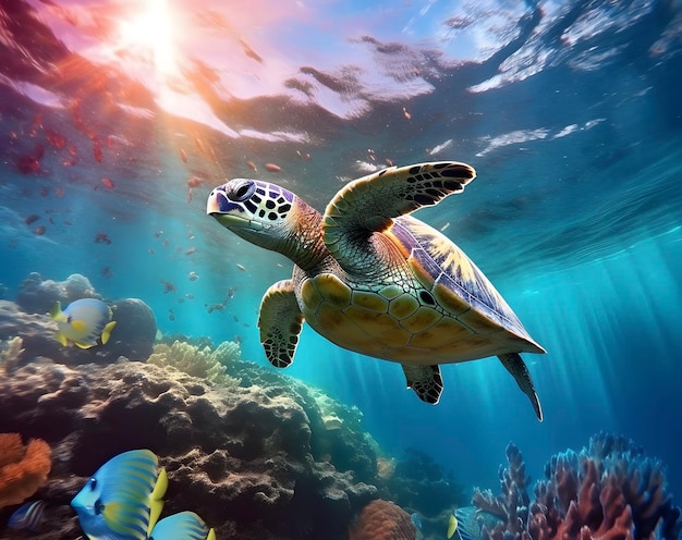 Żółw morski lub morski pływający w oceanie generowany przez sztuczną inteligencję