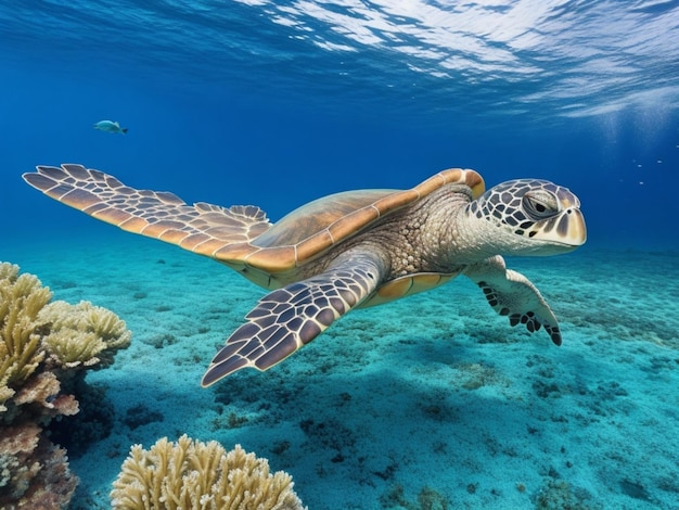 Żółw morski szybujący przez rafę
