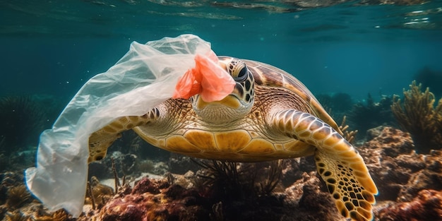 Żółw morski uwięziony w plastikowej torbie Zatrzymaj koncepcję zanieczyszczenia oceanu plastikiem Generacyjna sztuczna inteligencja