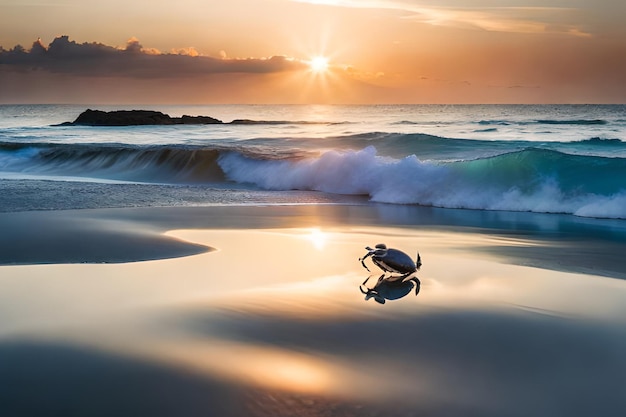 Żółw na plaży o zachodzie słońca