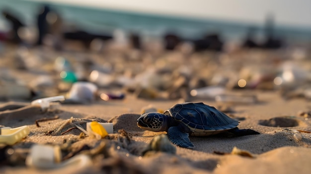 Żółw na plaży ze śmieciami w tle