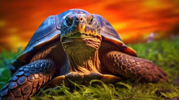 Żółw na trawie Piękny żółw z pomarańczowymi oczami