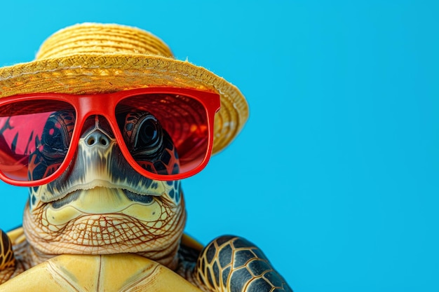 Żółw noszący okulary i kapelusz odpoczywa na tropikalnej plaży