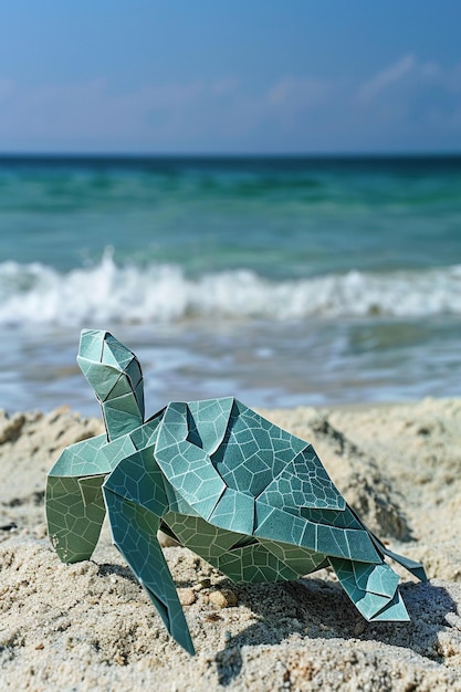 Zdjęcie Żółw origami na piaszczystej plaży skomplikowane wzory skorup