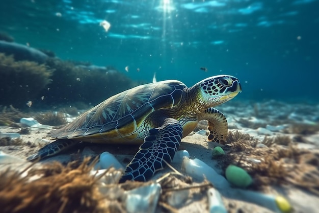 Żółw pływa w oceanie, a słońce świeci na jego plecy.