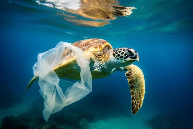 Żółw pływa w oceanie z plastikową torbą.