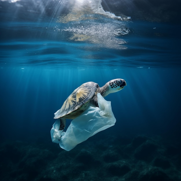 Zdjęcie Żółw pływający w morzu obok pływającej plastikowej torby