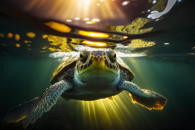 Żółw pływający w wodzie ze światłem słonecznym świecącym na jego grzbiecie Generacyjna sztuczna inteligencja