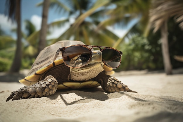 Żółw W Okularach Przeciwsłonecznych Siedzi Na Plaży Z Palmami W Tle