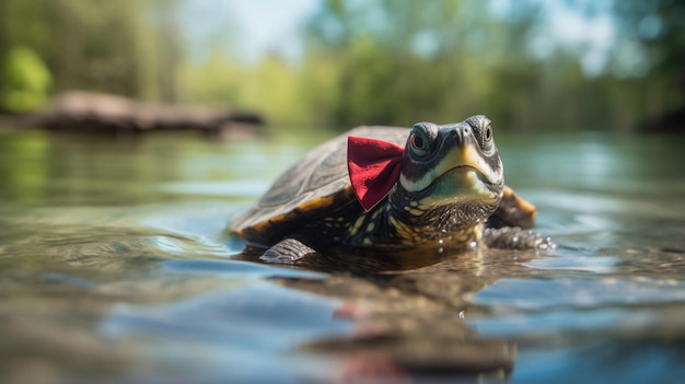 Żółw z czerwoną wstążką na szyi pływa w jeziorze.