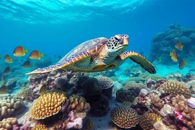 Żółw z grupą kolorowych ryb i rafy koralowej Generatywna sztuczna inteligencja