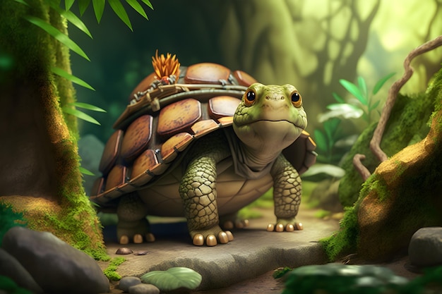 Żółw z koroną na głowie stoi w dżungli.