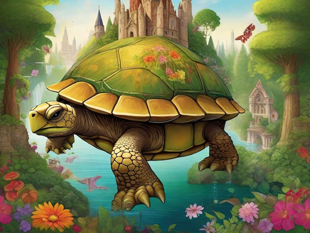 Żółw z miastem na plecach w futurystycznym świecie w surrealistycznym stylu