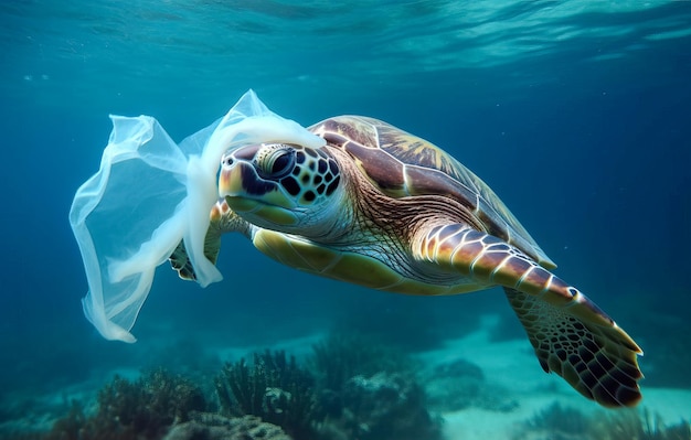 Żółw z plastikową torbą w pysku pływa w oceanie.