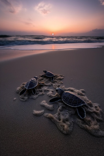 Żółwie na plaży o zachodzie słońca