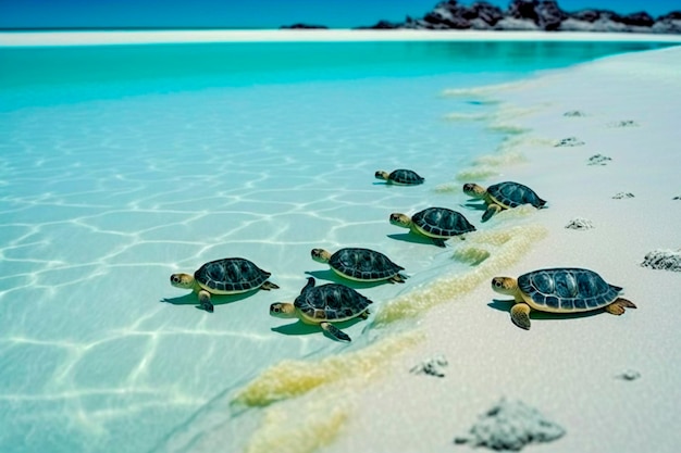 Żółwie na plaży z niebieskim tłem