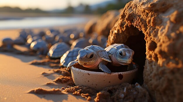 Żółwie wykluwają się z jaj na plaży i czołgają się do morza
