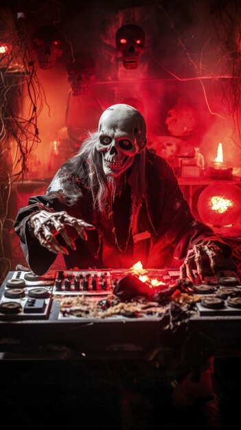 zombie dj's techno halloween spinning horror z dyniowymi czaszkami Ai Generated