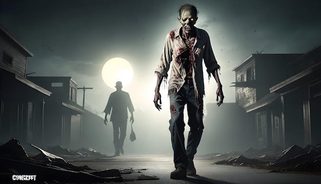Zombie idzie ulicą w ciemności.