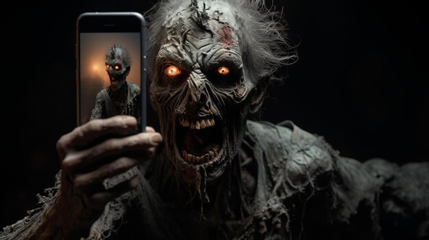 Zdjęcie zombie master haunting portrait z smartfonem w stylu inspirowanym rembrandtem