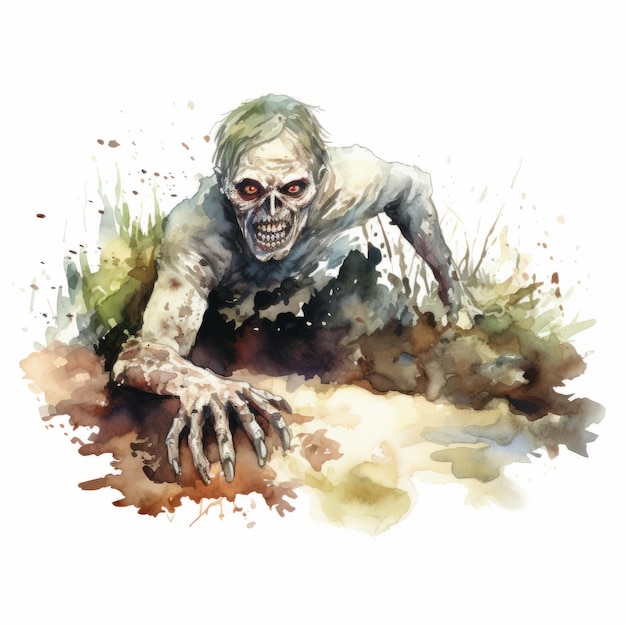 Zombie na cmentarzu Akwarela ręcznie rysowane ilustracja na białym tle