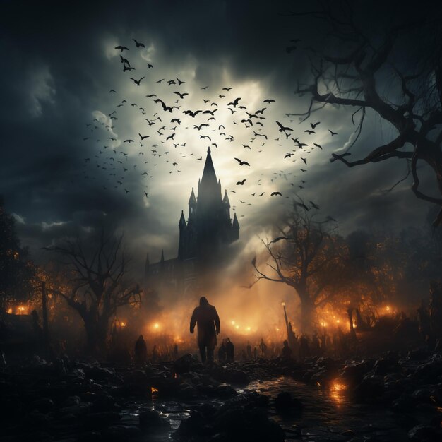 Zombie powstający z cmentarza w strasznej, ciemnej nocy Nietoperze w pełni księżyca na drzewie