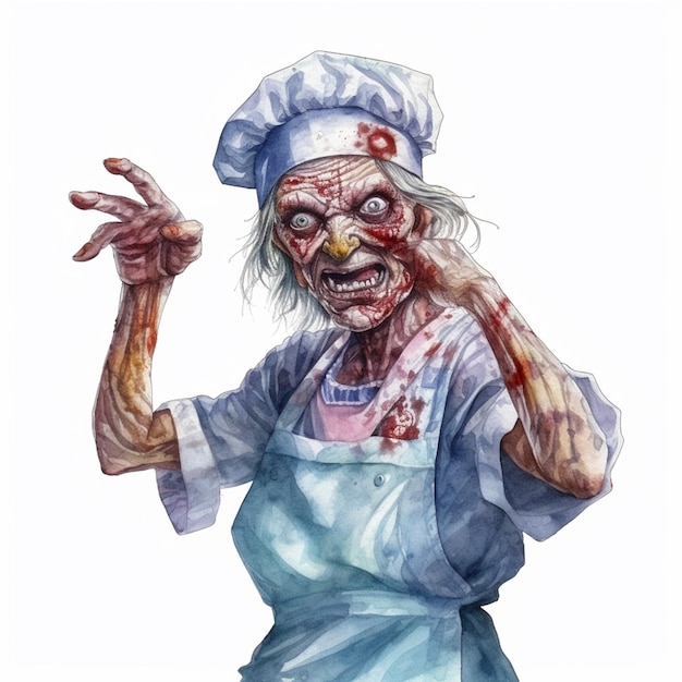 Zombie szef kuchni z krwawą twarzą i rękami w górze na białym tle generatywny ai