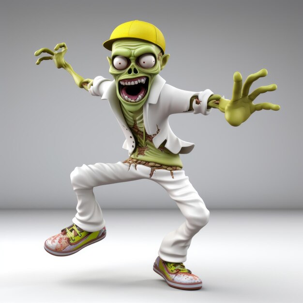 Zdjęcie zombie z żółtym kapeluszem i białymi spodniami 3d render