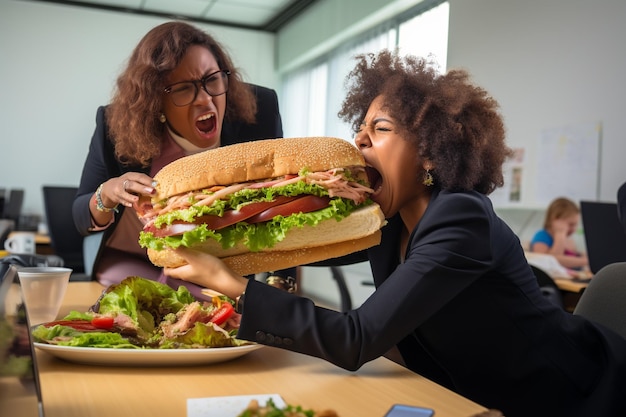 Żonglowanie kanapkami i arkuszami kalkulacyjnymi Kobieca humorystyczna równowaga na lunchu w pracy