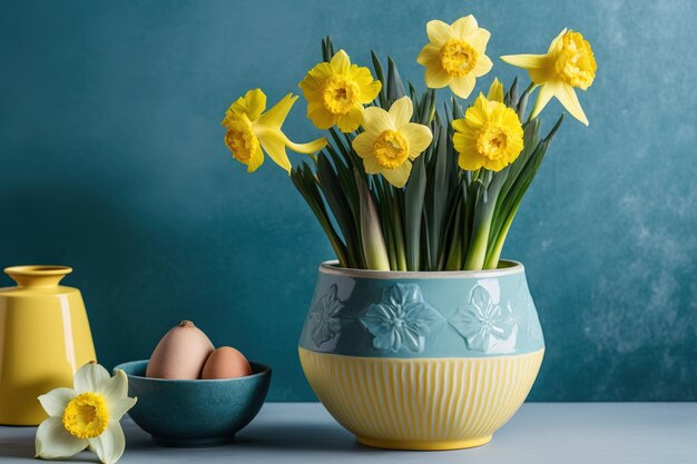 Żonkile w wazonie z niebieskimi kwiatami Świeże naturalne żółte żonkile w ceramicznej donicy na białym stole w pobliżu pustej ściany