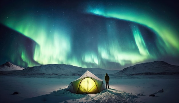 Zorza polarna na niebie nad namiotem turystycznym i postać samotnego mężczyzny w nocy generatywna sztuczna inteligencja Zorza polarna nad śnieżną doliną Motyw podróży arktyczna przyroda i pogoda podróż dziką przyrodą