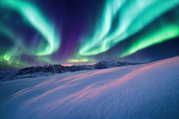 Zdjęcie zorza polarna nad jeziorem aurora borealis z gwiazdami na nocnym niebie fantastic winter epic magic