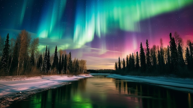 Zdjęcie zorza polarna z żywymi wstążkami tańczących kolorów oświetlających nocne niebo