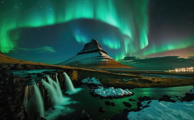 Zorza polarna Zorza polarna w Kirkjufell na Islandii Góry Kirkjufell zimą Generacyjna sztuczna inteligencja