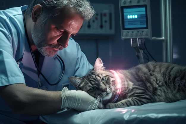 Zraniony kot jest sprawdzany przez weterynarza w klinice weterynaryjnej generowanej przez sztuczną inteligencję