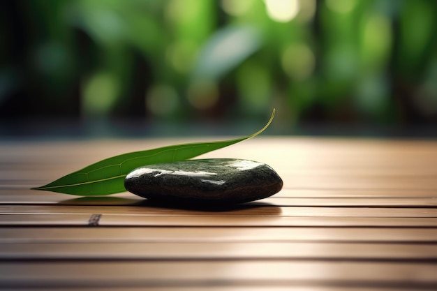Zrelaksować zen kamień na drewnianym tarasie z liśćmi bambusa AI