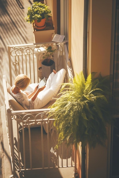 Zdjęcie zrelaksowana blondynka czytająca zasypiająca na balkonie w ciepły letni dzień niestandardowe kolory vintage