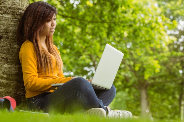 Zrelaksowana młoda kobieta używa laptop w parku