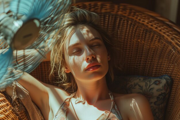 Zdjęcie zrelaksowana młoda kobieta z zamkniętymi oczami leżąca w pobliżu wentylatora w domu