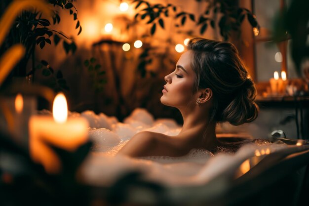 Zrelaksowane domowe spa z kobietą cieszącą się spokojną chwilą w kąpieli bąbelkowej